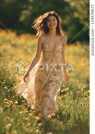 Smiling woman walking through a flower field 129876675