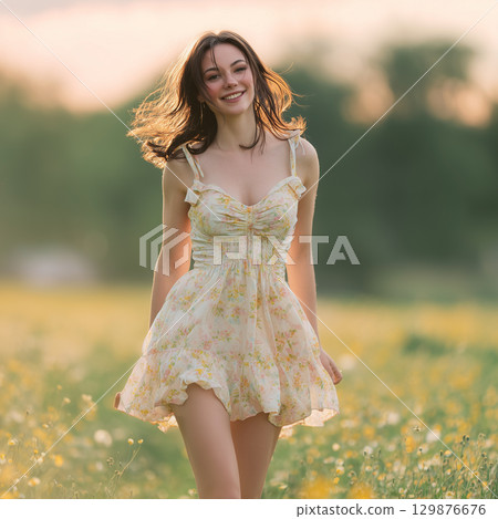 Smiling woman walking through a flower field 129876676