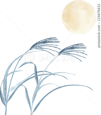 Watercolor illustration of silver grass silhouette and full moon 129876832