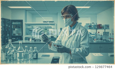 Biochemical lab technician analyzing samples in a modern lab background 129877464