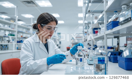 Biochemical lab technician analyzing samples in a modern lab background Biochemical lab technician analyzing samples in a modern lab background 129877468