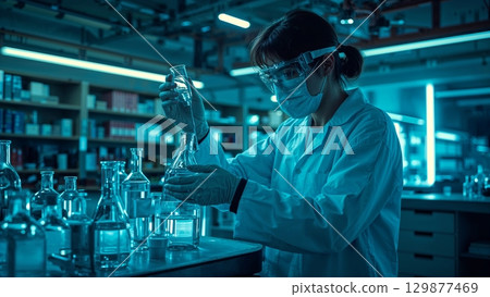 Biochemical lab technician analyzing samples in a modern lab background 129877469
