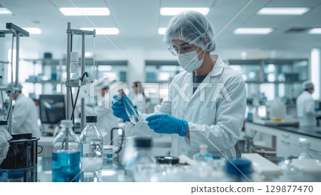 Biochemical lab technician analyzing samples in a modern lab background 129877470