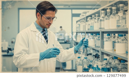 Biochemical lab technician analyzing samples in a modern lab background 129877499