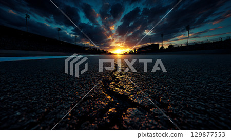 Scenery of the circuit and paved road at sunset 129877553
