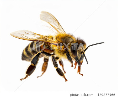 Bee close view over white background, no shadow 129877566