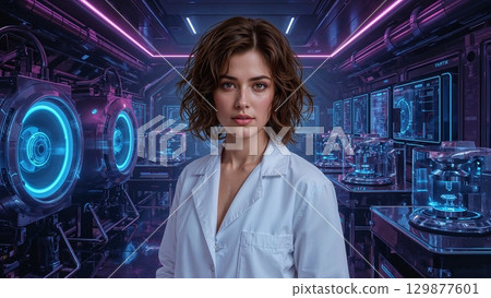 Biochemical lab technician analyzing samples in a modern lab background 129877601