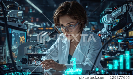 Biochemical lab technician analyzing samples in a modern lab background 129877605