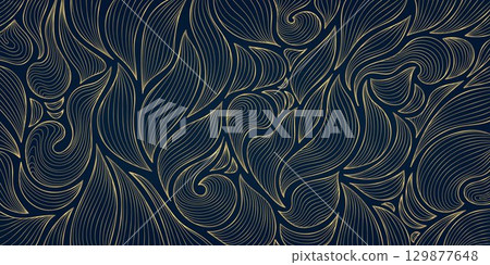 Vector art deco leaf pattern, golden line fancy luxury leaves background. Dark premium jungle print, nouveau ornate print. 129877648