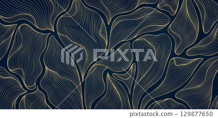 Vector art deco leaf pattern, golden line fancy luxury leaves background. Dark premium jungle print, nouveau ornate print. 129877650