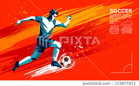 Colorful graphic design of soccer athlete kicking ball, modern abstract poster for sports events. 129877815