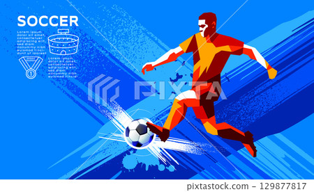 Colorful graphic design of soccer athlete kicking ball, modern abstract poster for sports events. Colorful graphic design of soccer athlete kicking ball, modern abstract poster for sports events. 129877817