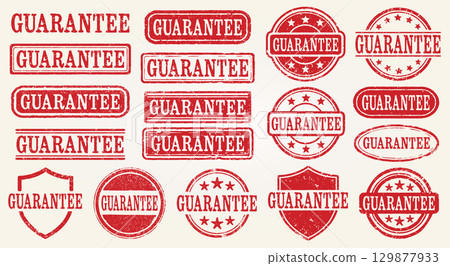 Guarantee Retro Grunge Stamp Set. Collection Of 18 Vintage Red Guarantee Rubber Stamps With a Distressed Grunge Texture. Perfect For Labels, Packaging, Certificates, Advertising. Isolated Vector image 129877933