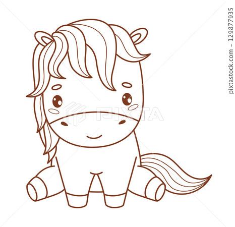Outline Cute Little Horse. Adorable Kawaii Animal Pony. Line drawing, coloring book. Vector illustration. Not AI Outline Cute Little Horse. Adorable Kawaii Animal Pony. Line drawing, coloring book. Vector illustration. Not AI 129877935