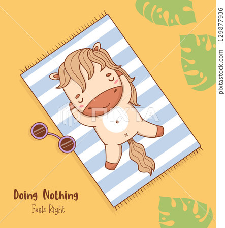 Cute Summer Horse Sunbathing on Striped Beach Towel. Funny Pony Animal kawaii Beachgoer On Sand seashore. Vector illustration. Kids collection. Not AI Cute Summer Horse Sunbathing on Striped Beach Towel. Funny Pony Animal kawaii Beachgoer On Sand seashore. Vector illustration. Kids collection. Not AI 129877936