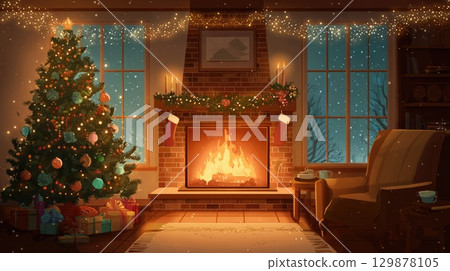 cozy fireplace in cozy home on christmas eve illustration 129878105
