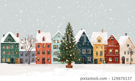 christmas tree in village in snowy winter illustration christmas tree in village in snowy winter illustration 129878137