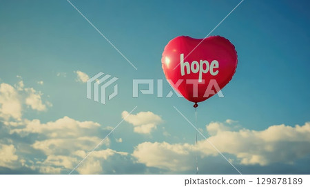 red balloon in form of heart with text hope fly in blue sky 129878189