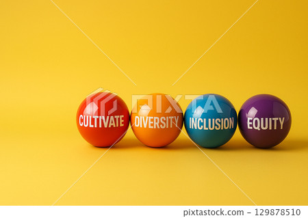 Red, green, and blue marbles with words diversity, equity, and fun, symbolizing vibrant teamwork and the joy of inclusion Red, green, and blue marbles with words diversity, equity, and fun, symbolizing vibrant teamwork and the joy of inclusion 129878510