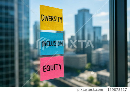 Post it notes with diversity, inclusion, and equity on office window, symbolizing open visibility of workplace values Post it notes with diversity, inclusion, and equity on office window, symbolizing open visibility of workplace values 129878517