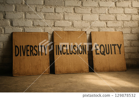 Cardboard with words diversity, inclusion, and equity written in bold, symbolizing key values of fairness and representation 129878532