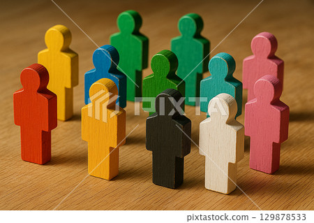Multicolor wooden figures facing forward in group, symbolizing inclusion and representation in communities 129878533