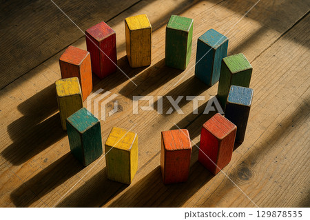 Wooden multicolor blocks standing in circle, symbolizing teamwork, inclusion, and collective responsibility Wooden multicolor blocks standing in circle, symbolizing teamwork, inclusion, and collective responsibility 129878535