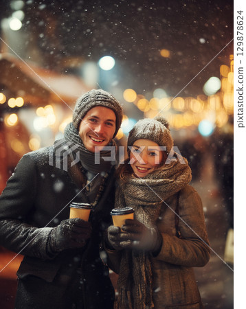 Couple enjoying hot drinks in the winter city | A moment of warm smiles and winter illuminations 129878624