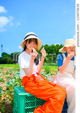 A scene of an elementary school girl wearing a straw hat holding a watermelon on a summer plateau 129878636