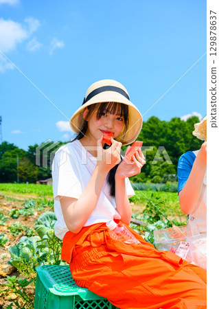 A scene of an elementary school girl wearing a straw hat holding a watermelon on a summer plateau 129878637