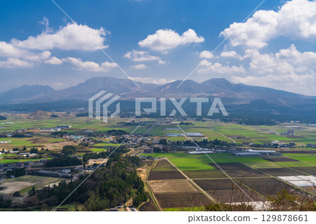 Kumamoto Prefecture: Blue skies and the rural landscape of Aso Valley, Takoyama Observatory 129878661
