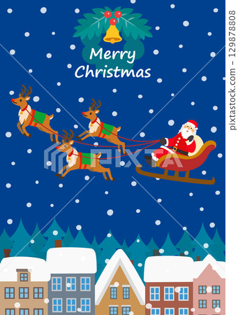 聖誕素材：馴鹿和聖誕老人穿越白雪皚皚的小鎮 129878808