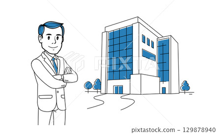Minimalist vector outline of a person standing an office building, in whiteboard style. Ideal for corporate, professional business . For presentations, websites, infographics, and explainer visuals. Minimalist vector outline of a person standing an office building, in whiteboard style. Ideal for corporate, professional business . For presentations, websites, infographics, and explainer visuals. 129878940