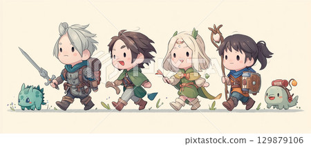 Cute illustrations of fantasy adventurers such as swordsmen and wizards 129879106