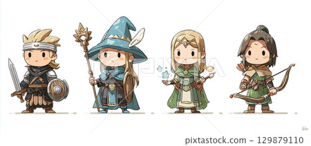Cute illustrations of fantasy adventurers such as swordsmen and wizards 129879110