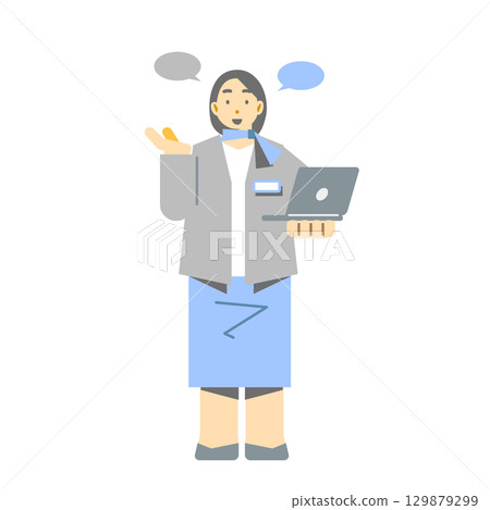 一位微笑的女職員正在講解服務。簡潔時尚的平面插畫 129879299