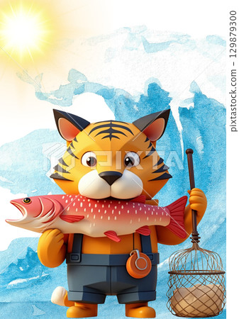 Tiger cat goes to the sea to get food, holding a dip net and a fish he caught in one hand. Illustration 129879300