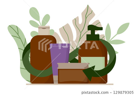 Cosmetic containers with recycle arrows and leaves isolated on white. Sustainable skincare concept with refill and reusable packaging for natural, organic, clean beauty and eco conscious branding Cosmetic containers with recycle arrows and leaves isolated on white. Sustainable skincare concept with refill and reusable packaging for natural, organic, clean beauty and eco conscious branding 129879305