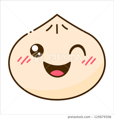 Cute Baozi Character with Happy Smiling Face Winking Isolated on White. Traditional Chinese Dumpling Outline Character Illustration 129879306