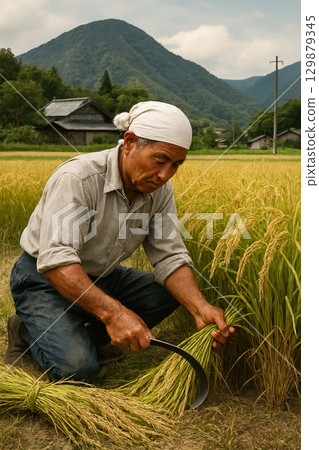 Rice harvesting scene from the Showa era 129879345