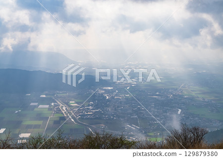 Kumamoto Prefecture: Morning rural scenery of Aso Valley, Kabuto Rock Observatory Kumamoto Prefecture: Morning rural scenery of Aso Valley, Kabuto Rock Observatory 129879380