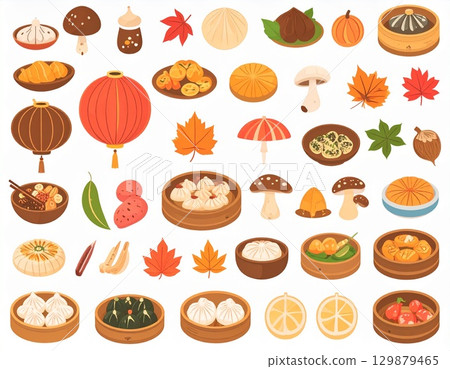 一組秋季插畫圖標,包括栗子、地瓜、秋葉、蘑菇和賞月餃子。 一組秋季插畫圖標,包括栗子、地瓜、秋葉、蘑菇和賞月餃子。 129879465