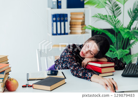 Sleeping tired woman exhausted American Latina ethnic girl weary lazy female high student Sleeping tired woman exhausted American Latina ethnic girl weary lazy female high student 129879483