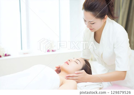 A woman receiving treatment with an esthetician A woman receiving treatment with an esthetician 129879526