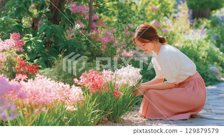 一位婦女蹲在花園的石板路上，欣賞花朵 129879579