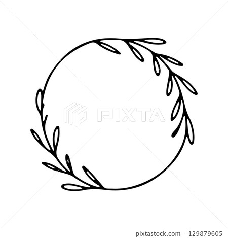 Decorative circular outline featuring natural leaves in a minimalist design for creative projects and artwork applications 129879605