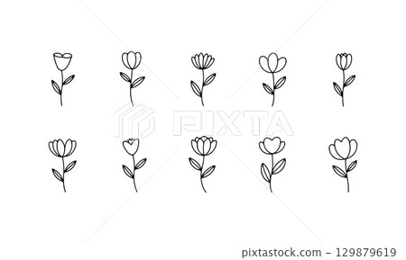 Collection of simple line drawings of flowers showcasing various shapes and sizes in a minimalist style 129879619