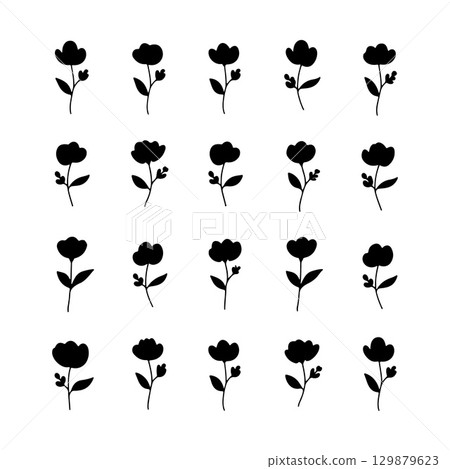 Floral pattern design featuring stylized black flowers on a white background 129879623