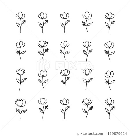 Floral line art collection featuring various flower designs on a clean white background Floral line art collection featuring various flower designs on a clean white background 129879624