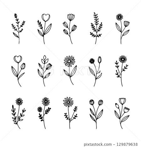 Whimsical Mini Flowers. A lively group of varied small flower icons with playful shapes and organic balance, ideal for fun and casual designs. 129879638